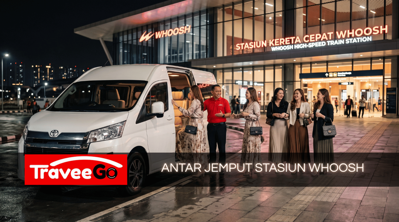 Rental mobil dan antar jemput stasiun Whoosh bersama TraveeGo Rentcar – Hiace putih dengan sopir ramah menjemput penumpang wanita di Stasiun Kereta Cepat Whoosh malam hari