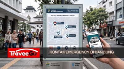 Kontak emergency Bandung di papan informasi digital – RS Sant Borromeus, Polrestabes, bengkel Astra, dan layanan sewa mobil 24 jam TraveeGo, dengan tampilan booking Hiace di smartphone
