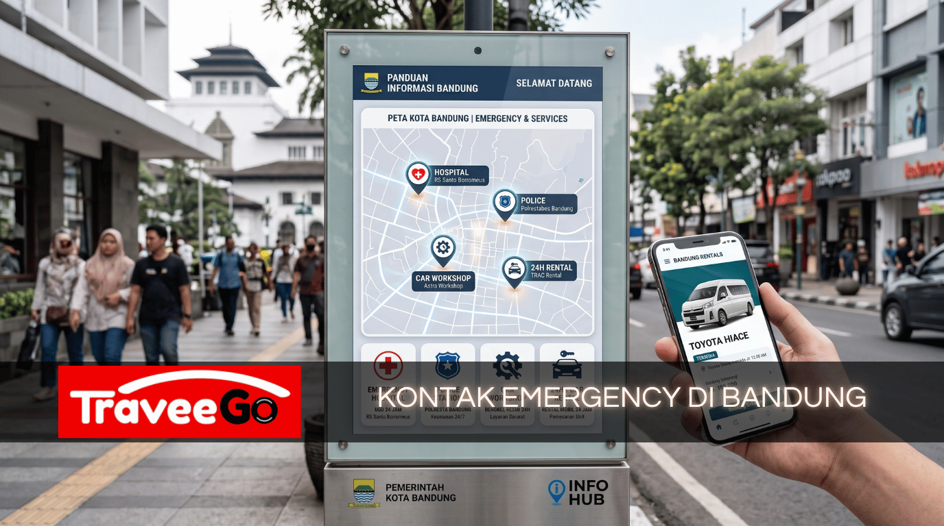 Kontak emergency Bandung di papan informasi digital – RS Sant Borromeus, Polrestabes, bengkel Astra, dan layanan sewa mobil 24 jam TraveeGo, dengan tampilan booking Hiace di smartphone