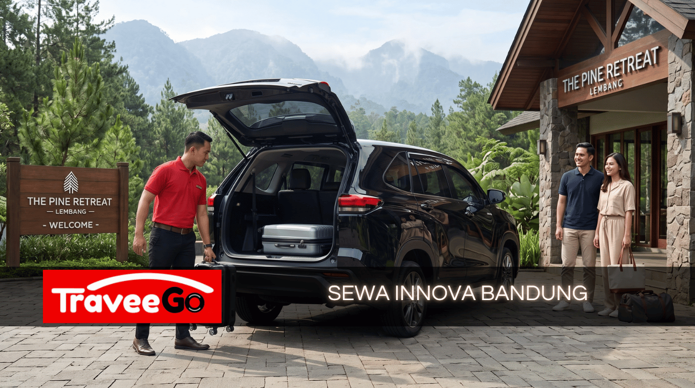 Sewa Innova Bandung bersama TraveeGo Rentcar – Sopir profesional membantu tamu menurunkan koper di depan The Pine Retreat Lembang, dengan latar pegunungan yang indah