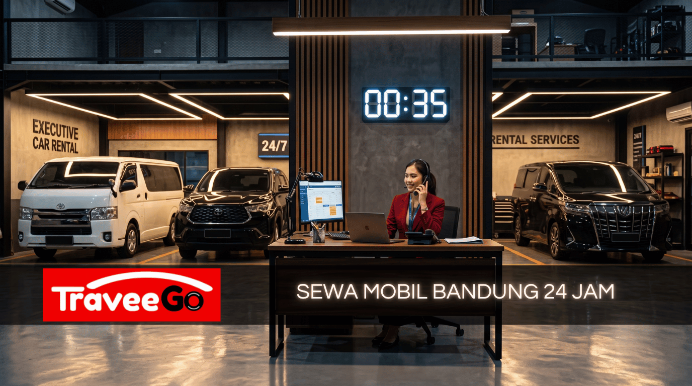 Sewa mobil dengan sopir Bandung 24 jam – Operator TraveeGo melayani telepon di garasi modern tengah malam, dengan armada Hiace putih, Zenix hitam, dan Alphard hitam siap melayani