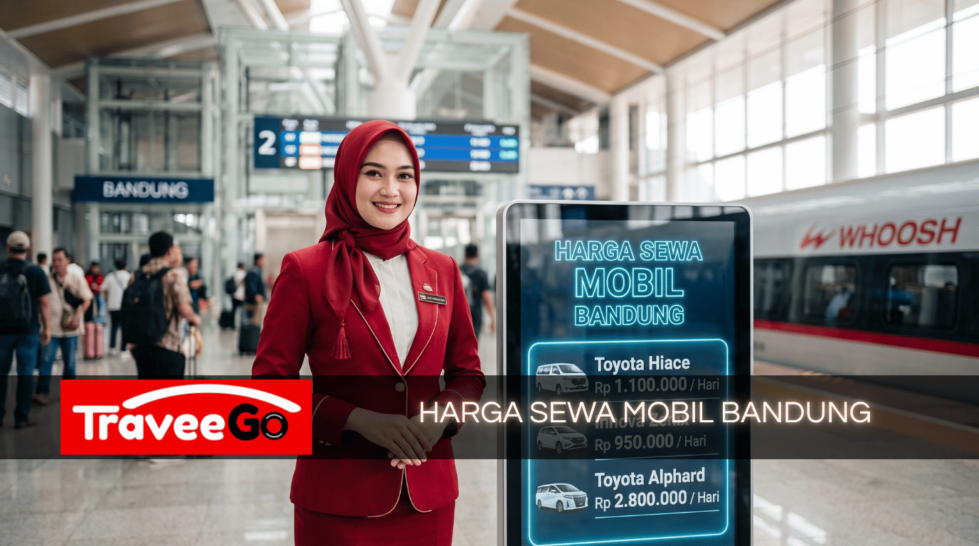 Harga sewa mobil dengan sopir Bandung di Stasiun Bandung – Petugas TraveeGo Rentcar Bandung tersenyum di samping papan harga sewa mobil, dekat kereta Whoosh