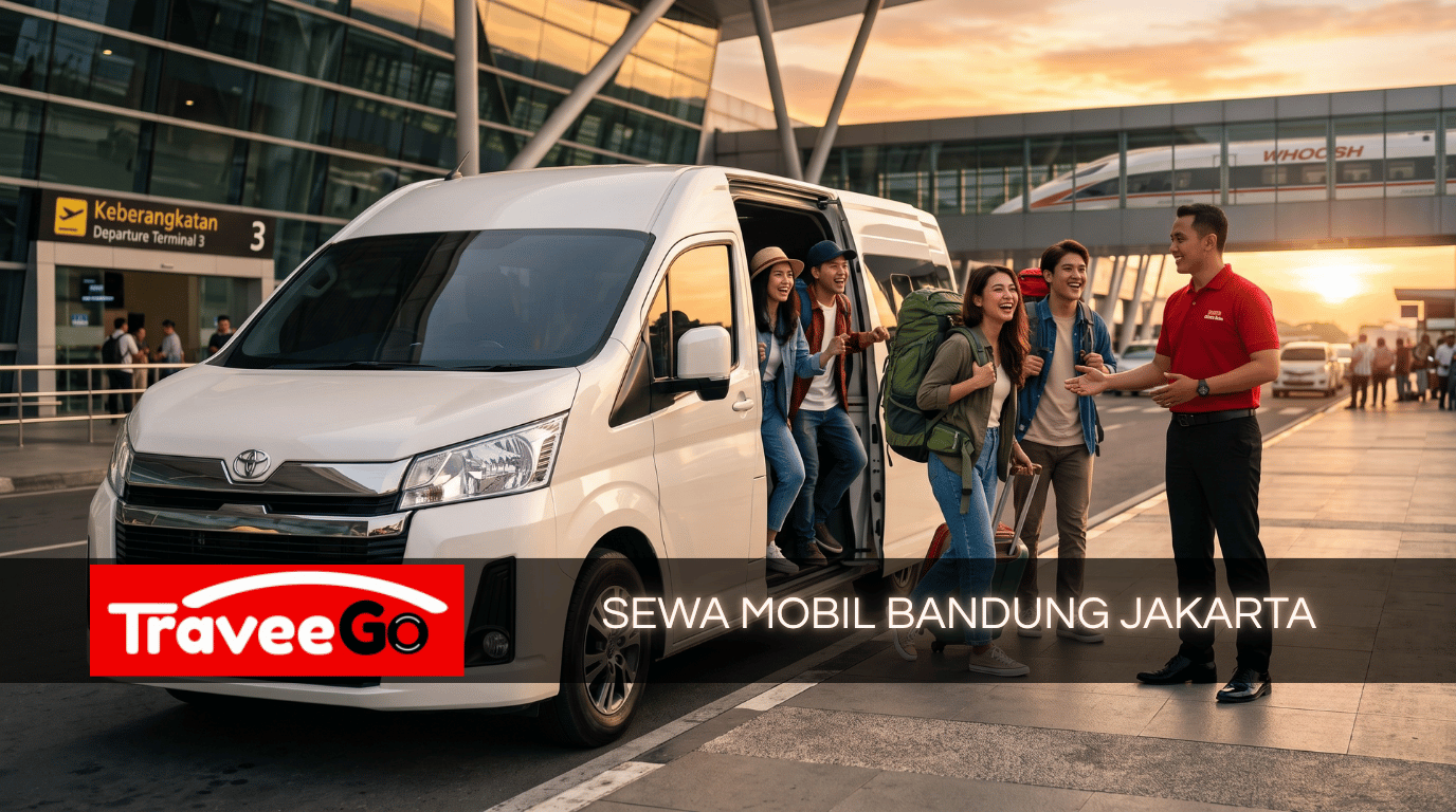 Sewa mobil Bandung Jakarta bersama TraveeGo Rentcar – Wisatawan turun dari Hiace putih di Bandara Soekarno-Hatta dengan sopir ramah dan latar kereta Whoosh