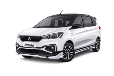 Suzuki All New Ertiga Hybrid putih dari Traveego Bandung Rent Car untuk layanan sewa mobil dengan sopir di Bandung.