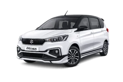 Suzuki All New Ertiga Hybrid putih dari Traveego Bandung Rent Car untuk layanan sewa mobil dengan sopir di Bandung.