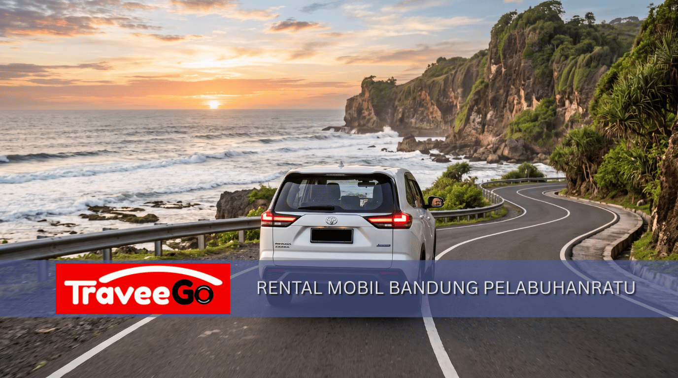 Rental mobil Bandung ke Pelabuhan Ratu dengan Toyota Innova putih melintas di jalan pantai