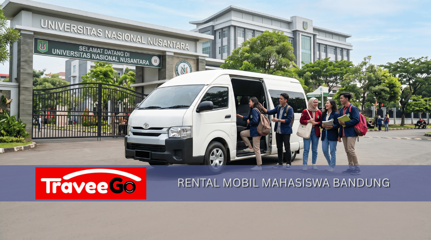 Sewa mobil Bandung untuk mahasiswa dengan Toyota Hiace Commuter di depan kampus